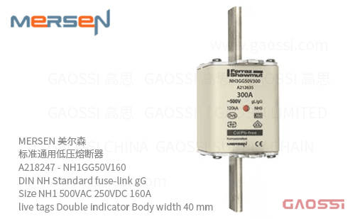 MERSEN 美尔森 标准通用低压熔断器 A218247 – NH1GG50V160 DIN NH Standard fuse-link gG Size NH1 500VAC 250VDC 160A live tags Double indicator Body width 40mm