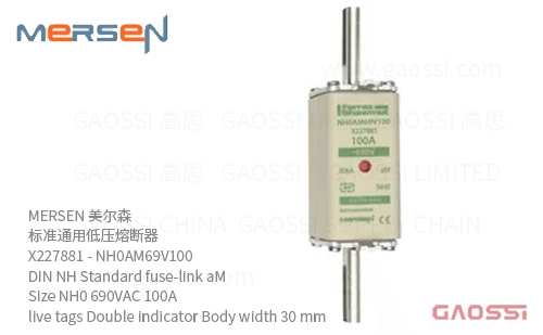 MERSEN 美尔森 标准通用低压熔断器 X227881 – NH0AM69V100 DIN NH Standard fuse-link aM Size NH0 690VAC 100A live tags Double indicator Body width 30 mm