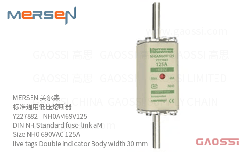 MERSEN 美尔森 标准通用低压熔断器 Y227882 – NH0AM69V125 DIN NH Standard fuse-link aM Size NH0 690VAC 125A live tags Double indicator Body width 30 mm
