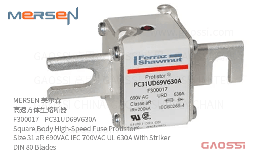 MERSEN 美尔森 高速方体型熔断器 F300017 – PC31UD69V630A Square Body High-Speed Fuse Protistor® Size 31 aR 690VAC IEC 700VAC UL 630A With Striker DIN 80 Blades