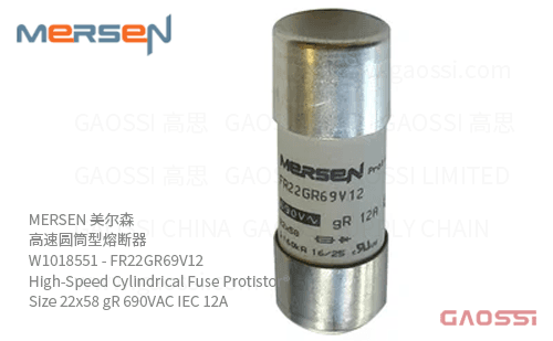 MERSEN 美尔森 高速圆筒型熔断器 W1018551 – FR22GR69V12 High-Speed Cylindrical Fuse Protistor® Size 22×58 gR 690VAC IEC 12A