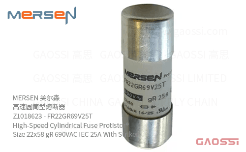 MERSEN 美尔森 高速圆筒型熔断器 Z1018623 – FR22GR69V25T High-Speed Cylindrical Fuse Protistor® Size 22×58 gR 690VAC IEC 25A With Striker