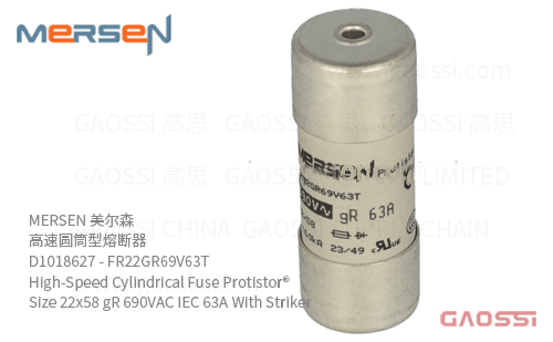 MERSEN 美尔森 高速圆筒型熔断器 D1018627 – FR22GR69V63T High-Speed Cylindrical Fuse Protistor® Size 22×58 gR 690VAC IEC 63A With Striker
