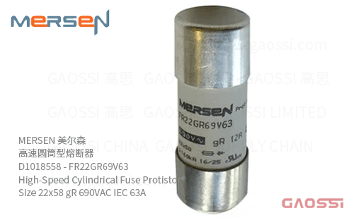 MERSEN 美尔森 高速圆筒型熔断器 D1018558 – FR22GR69V63 High-Speed Cylindrical Fuse Protistor® Size 22×58 gR 690VAC IEC 63A