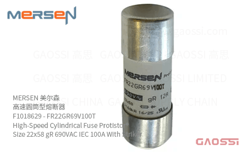 MERSEN 美尔森 高速圆筒型熔断器 F1018629 – FR22GR69V100T High-Speed Cylindrical Fuse Protistor® Size 22×58 gR 690VAC IEC 100A With Striker