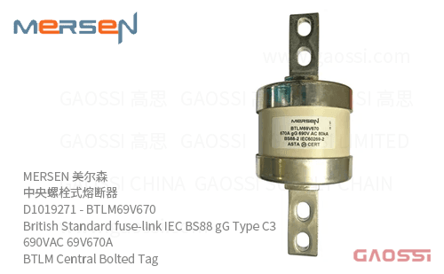 MERSEN 美尔森 中央螺栓式熔断器 D1019271 – BTLM69V670 British Standard fuse-link IEC BS88 gG Type C3 690VAC 69V670A BTLM Central Bolted Tag