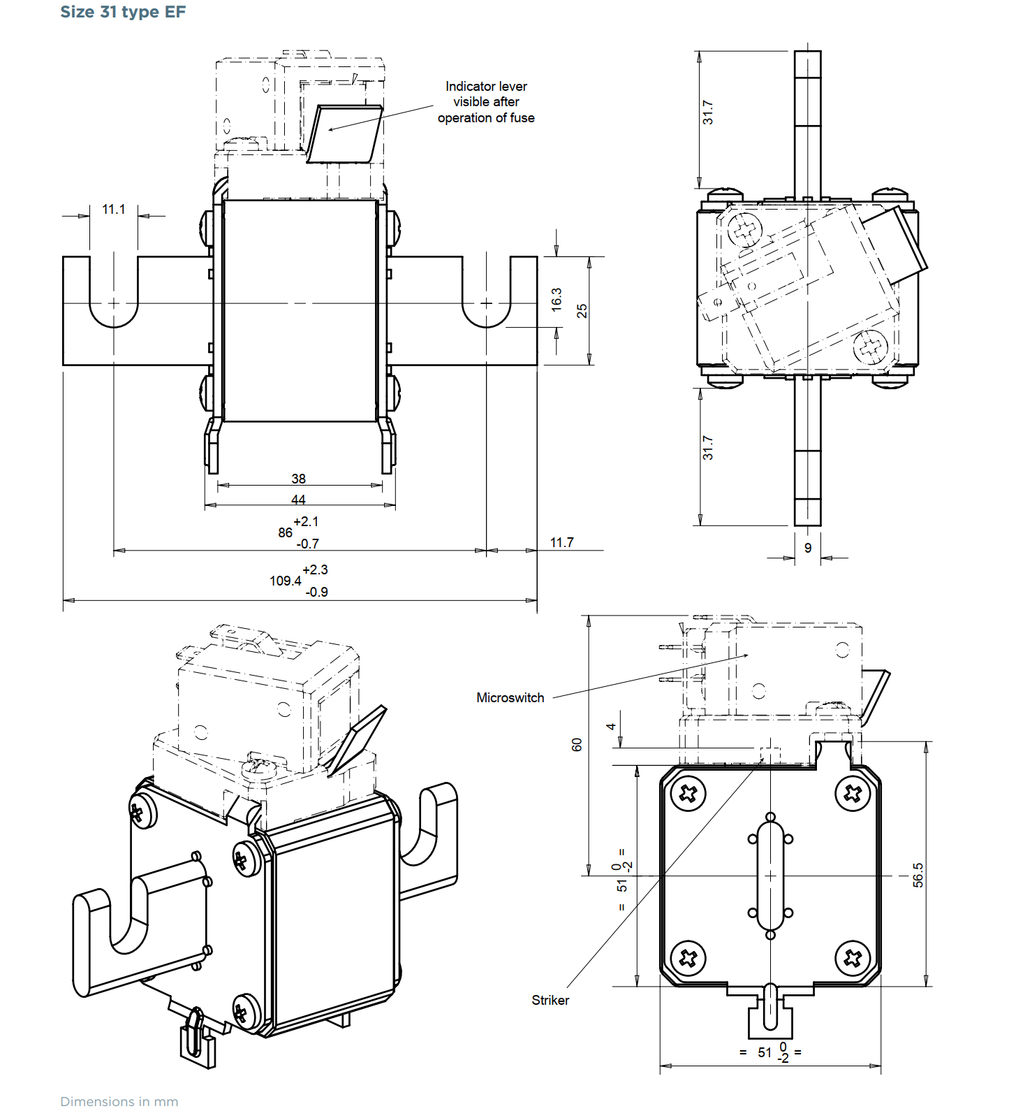 Size 31 type EF Protistor® size 31 aR
690VAC (IEC) / 700VAC (UL)
