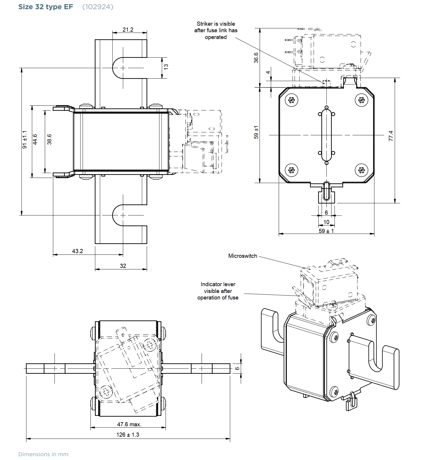 Size 32 type EF (102924) Protistor® size 32 aR 450 to 690VAC (IEC) / 700VAC (UL)