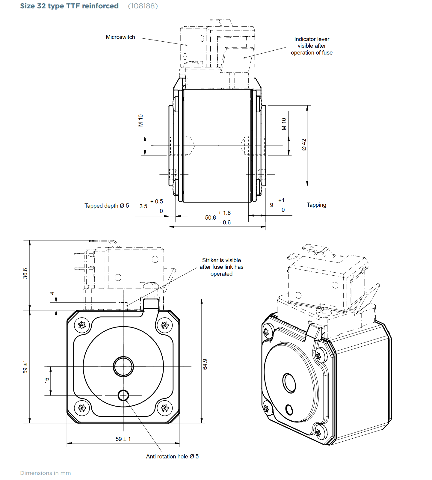 Size 32 type TTF reinforced (108188) Protistor® size 32 aR 450 to 690VAC (IEC) / 700VAC (UL)