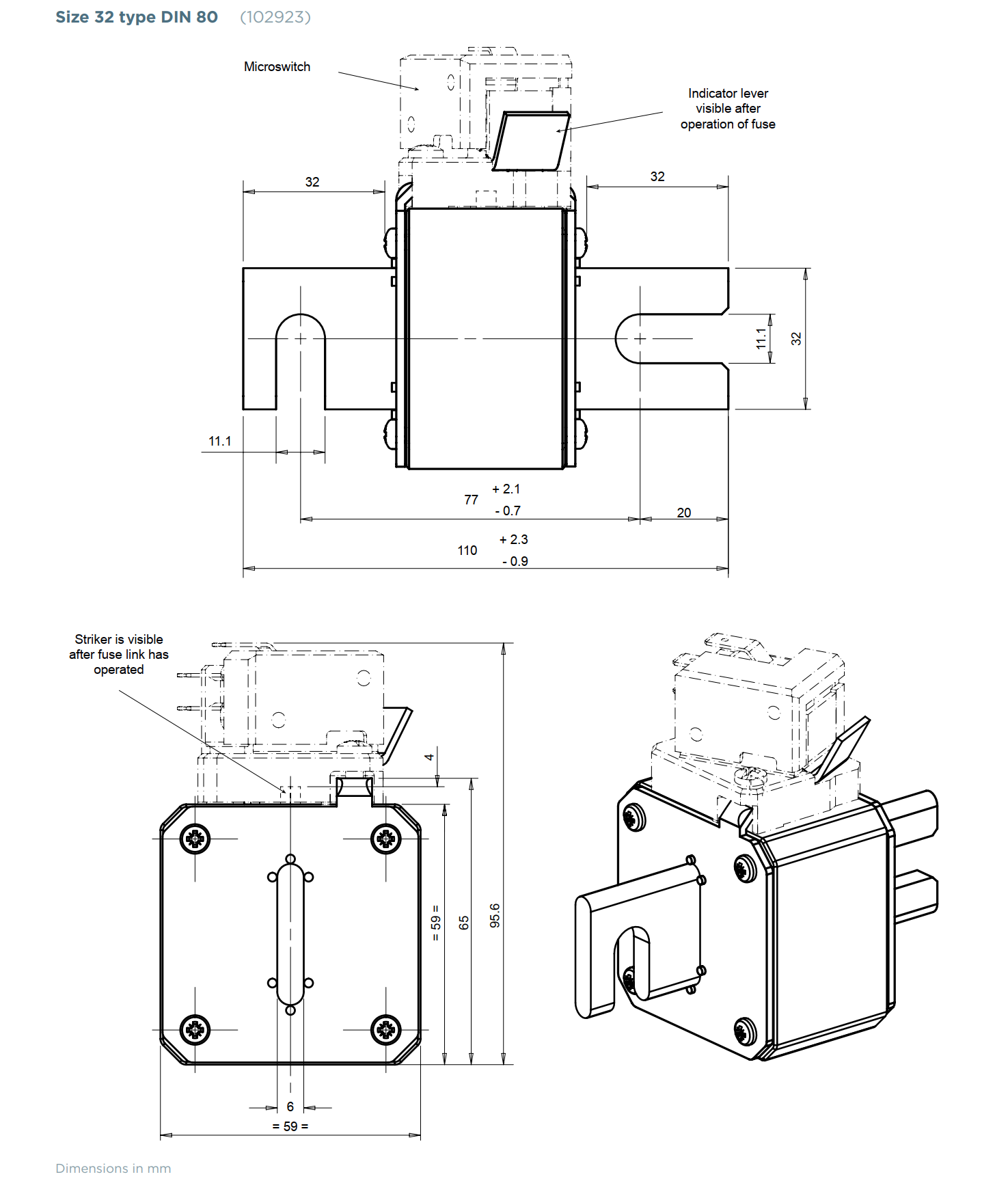 Size 32 type DIN 80 (102923) Protistor® size 32 aR 450 to 690VAC (IEC) / 700VAC (UL)